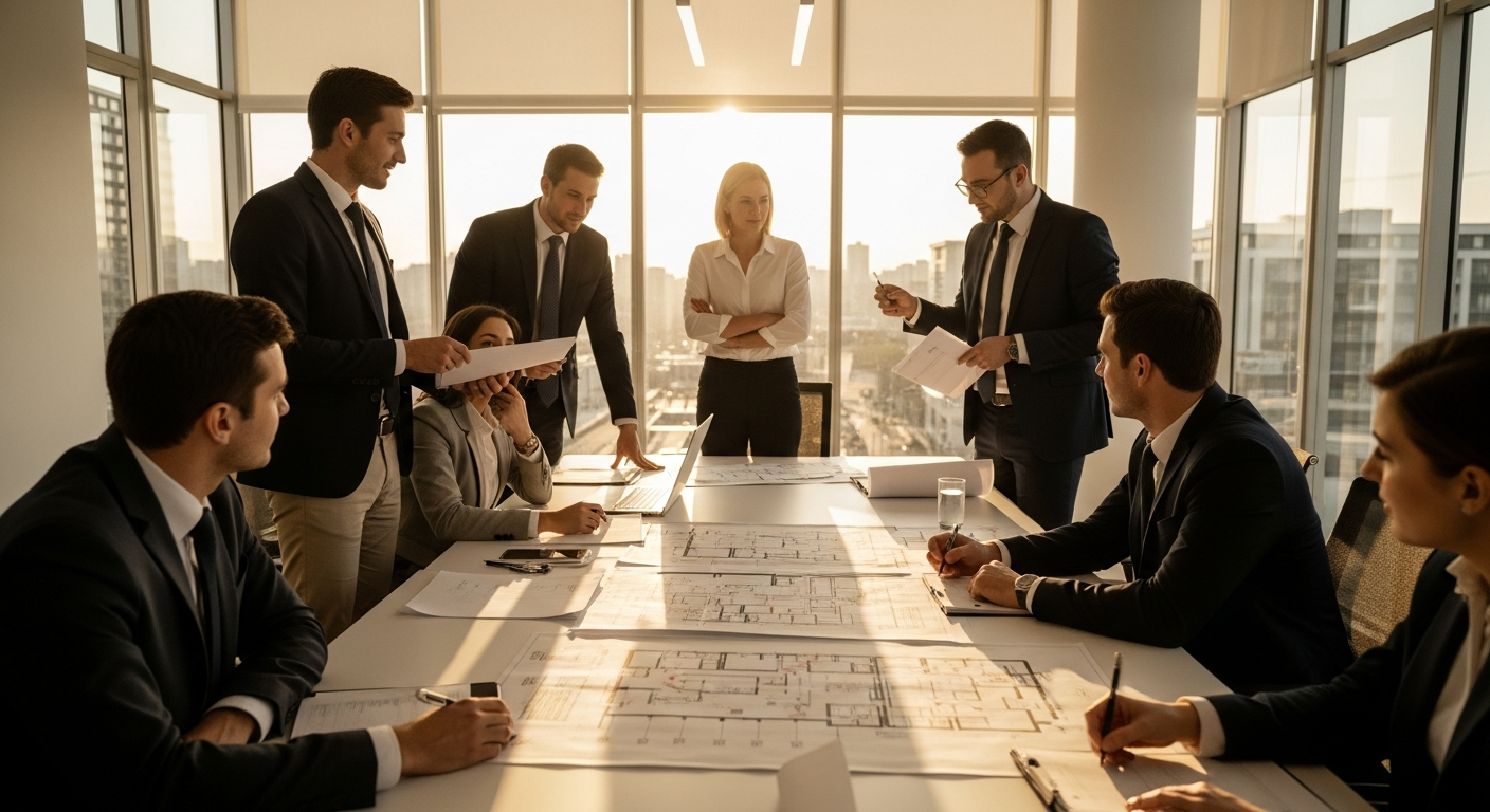 Réunion d'experts en sécurité incendie analysant un plan d'évacuation